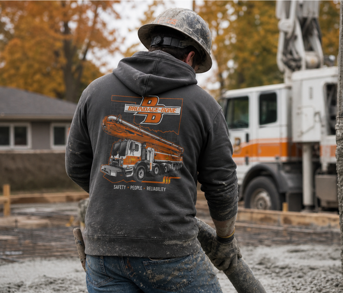 Outdoor construction crew wearing custom hoodies on a jobsite