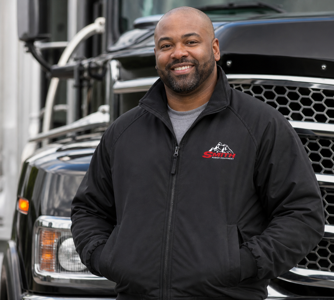 Black full-zip jacket with red and white Smith Power Equipment chest logo, worn by a driver in front of his truck.