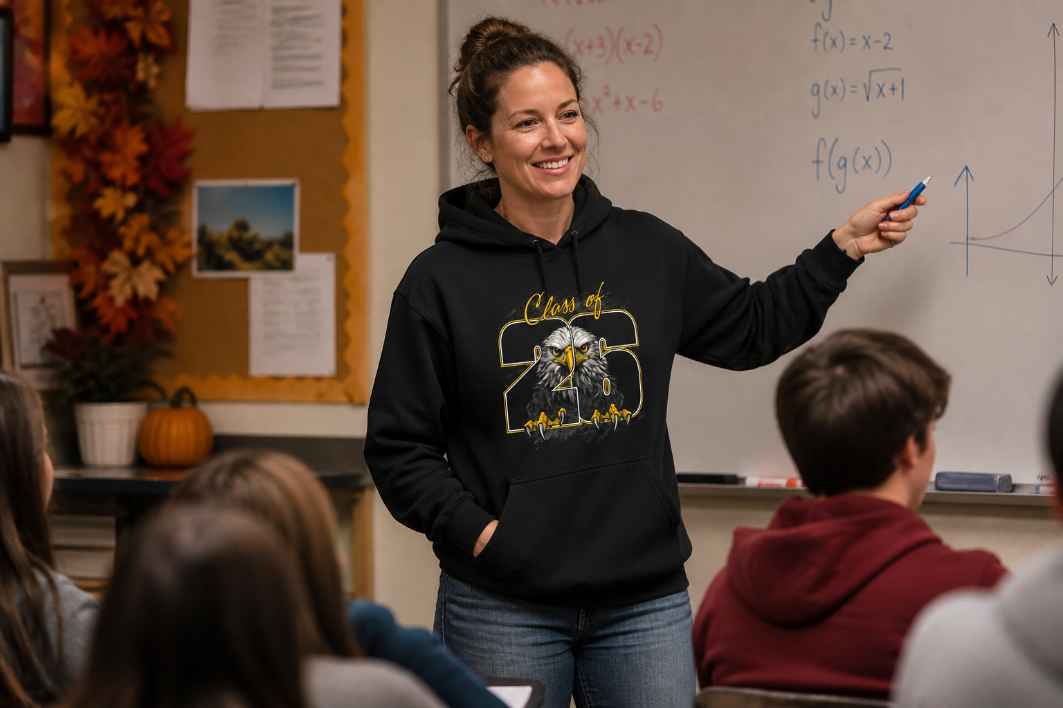 Student wearing a custom class-of hoodie