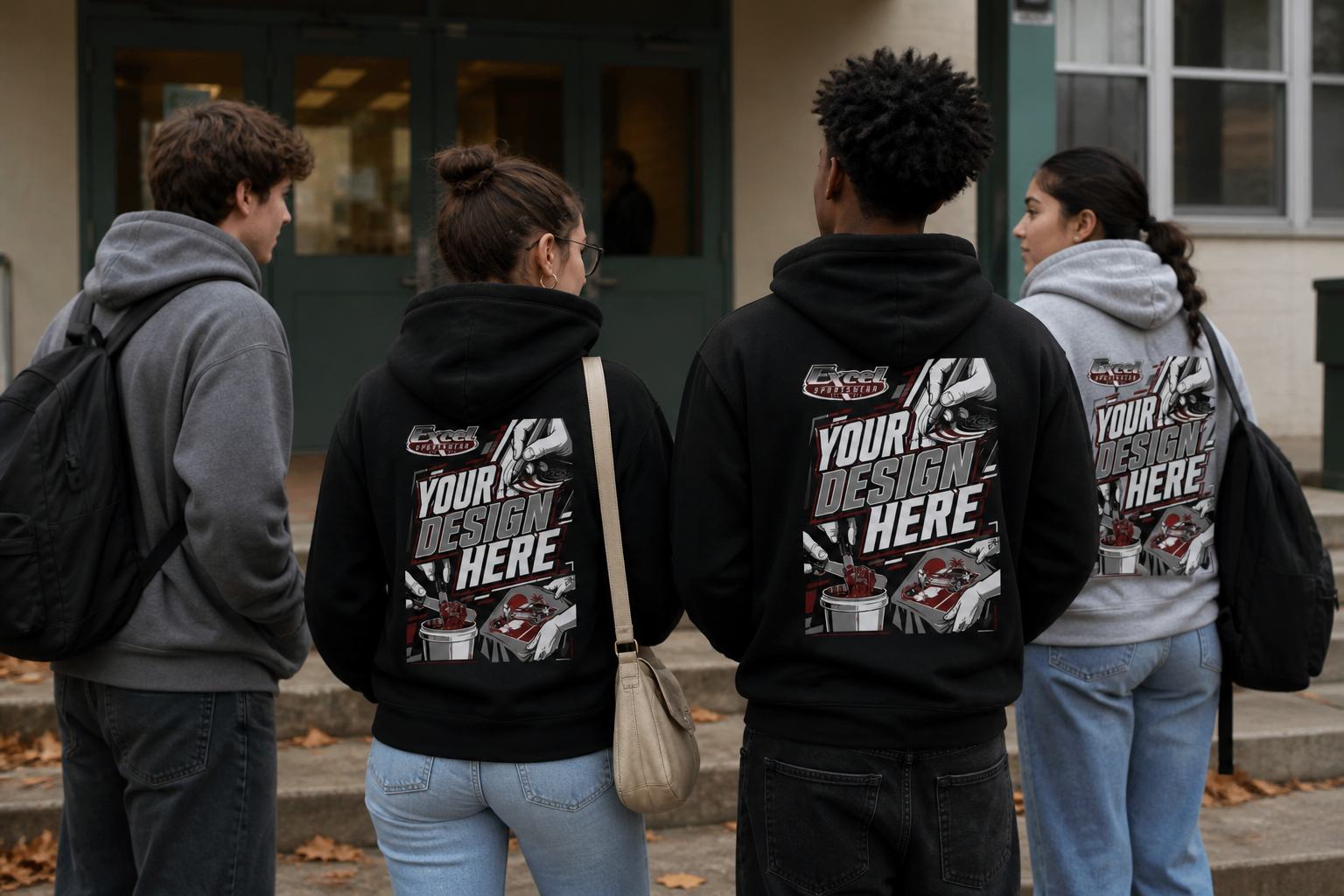 Group of students in matching custom hoodies on campus