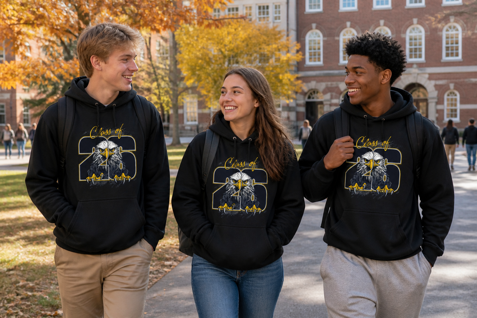 Students wearing black hoodies with a full front Class of 26 eagle print