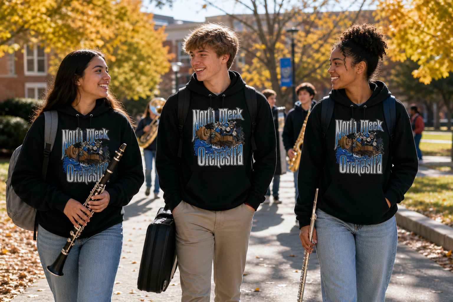 North Meck Orchestra students wearing custom school hoodies on campus
