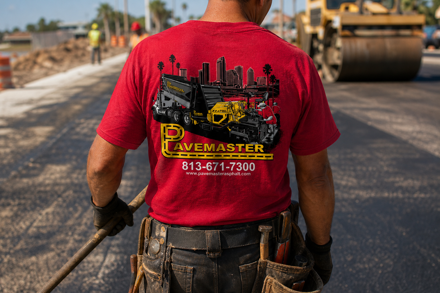 Worker on an asphalt paving job wearing a red T-shirt with a full-back Pavemaster print.