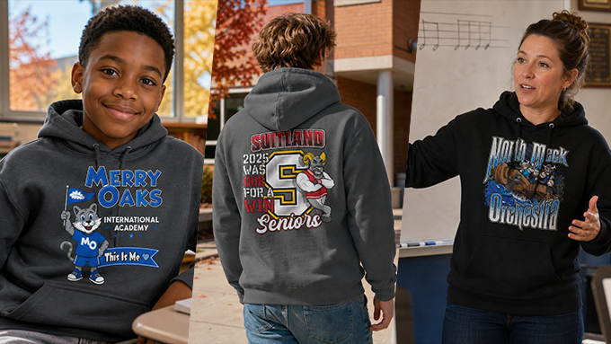 Students and staff wearing custom school spirit hoodies