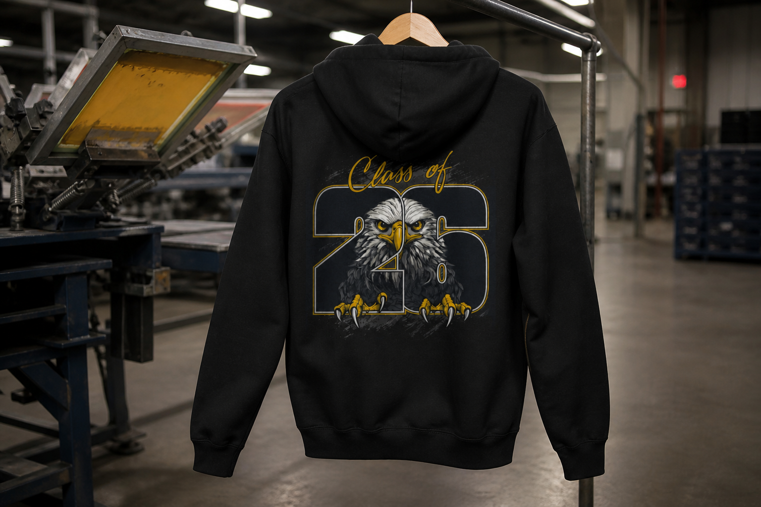 Black Class of 2026 eagle graphic hoodie in a screen-printing environment