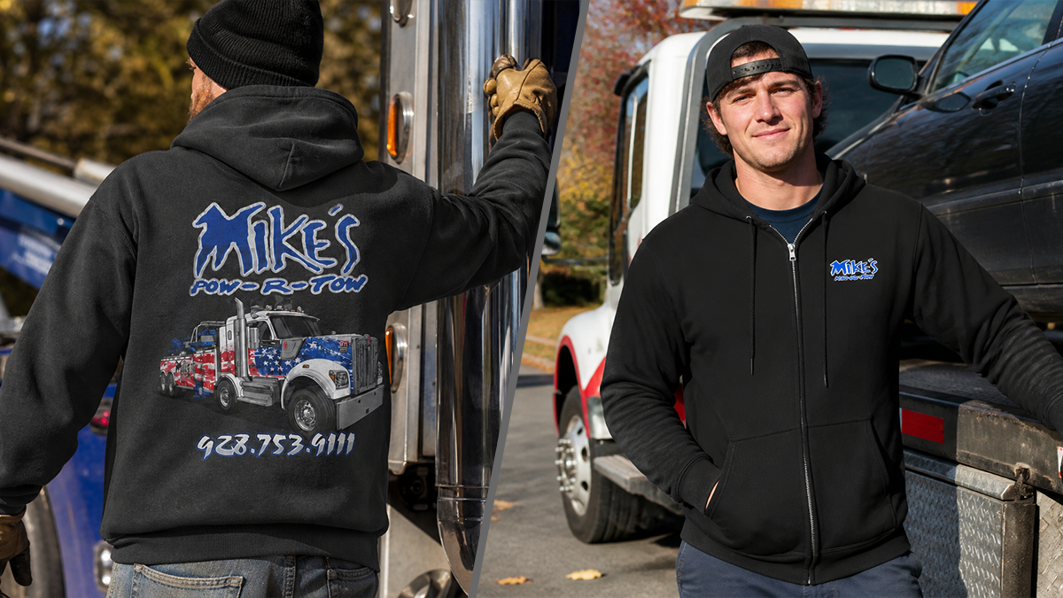 Black hoodie with a small chest logo and a large full back design