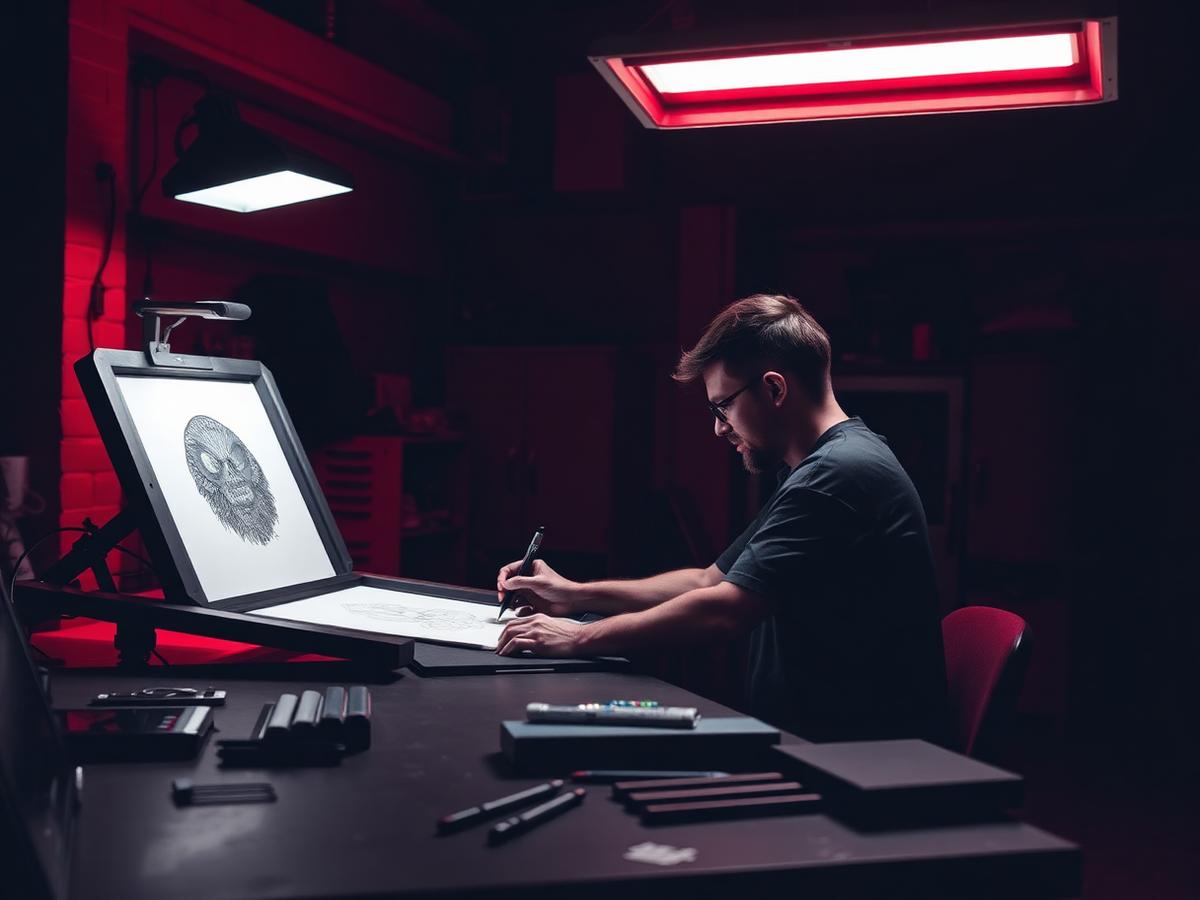Excel Sportswear artist refining custom apparel artwork at a studio desk